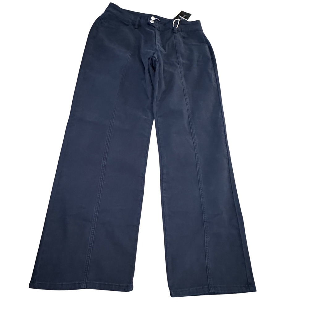 Flamingals Womens Seam Front Straight Leg Pant Navy Double Button Size Large NWT